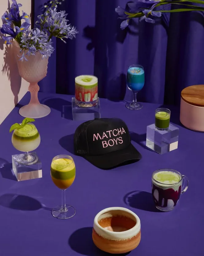 Matcha Boys drink spread with branded hat